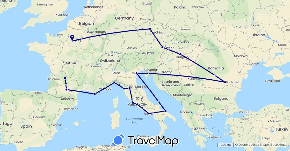 TravelMap itinerary: driving in Austria, Czech Republic, France, Hungary, Italy, Monaco, Romania, Vatican City (Europe)